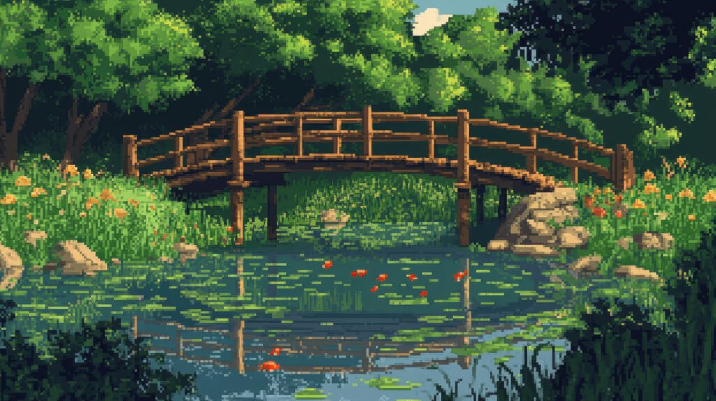 pixel art river landscape illustration